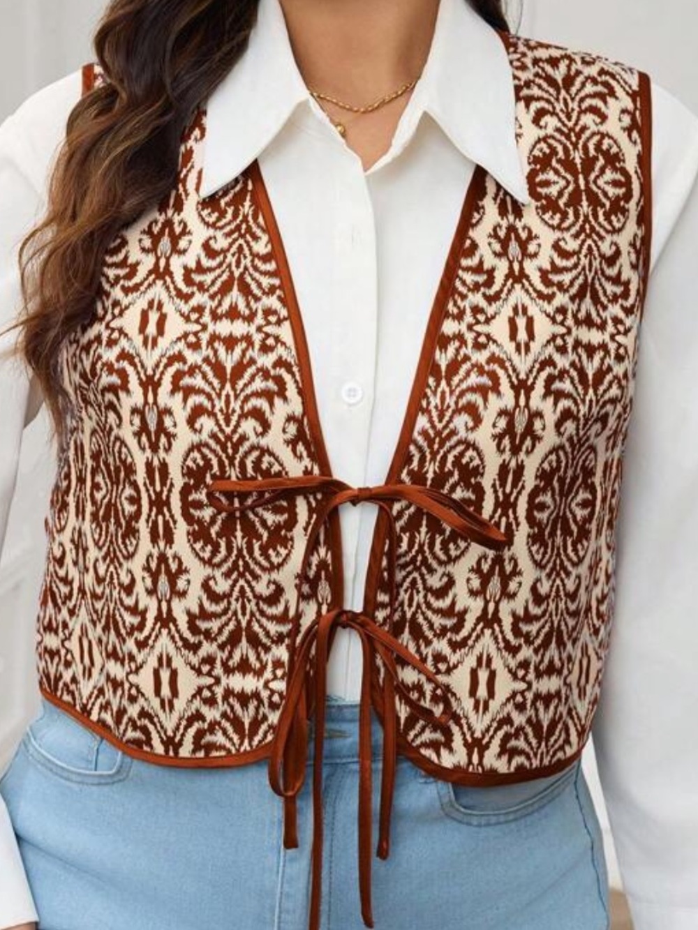 SHEIN Brown Cream Patterned Tie-Front Vest